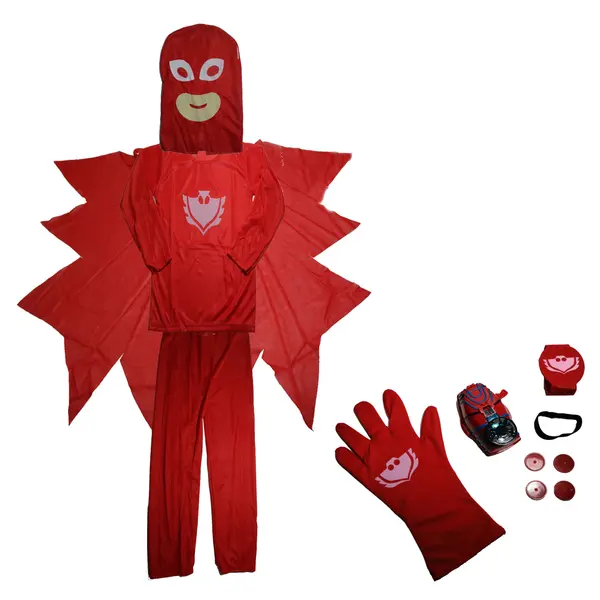 Costum Eroi in Pijamale, PJ Masks, pentru copii, Bufnita Amaya, rosu si manusa cu lansator, 7-9 ani, 120-130 cm
