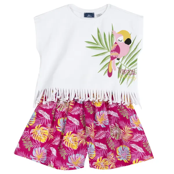 Costum plaja copii Chicco, tricou si pantaloni, alb cu model, 01333-70MC