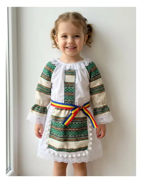Costum popular fetite Otilia verde-crem