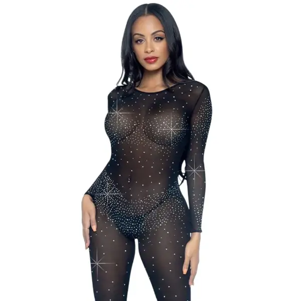 Costum sexy LEG AVENUE Sheer Rhinestone Catsuit, din plasă cu strasuri, cu spate decoltat, negru, mărime S (85636)