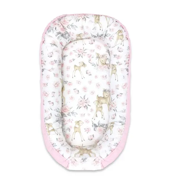 Cosulet bebelus, MimiNu, Pentru dormit, Cu doua fete, Baby Nest 105x66 cm, Husa 100% bumbac si catifea moale, Materiale certificate Oeko Tex Standard 100, Cu salteluta, Detasabila, Velvet Sweet Deer Pink
