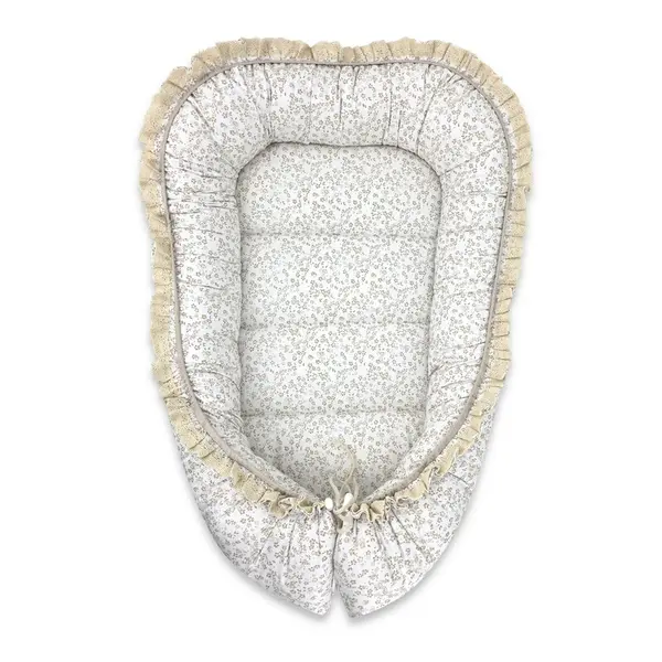 Cosulet bebelus, MimiNu, Premium, Pentru dormit, Baby Nest 55 x 75 cm, Cu Volanase si dantela, Husa 100% bumbac, Din bumbac certificat Oeko Tex Standard 100, Meadow