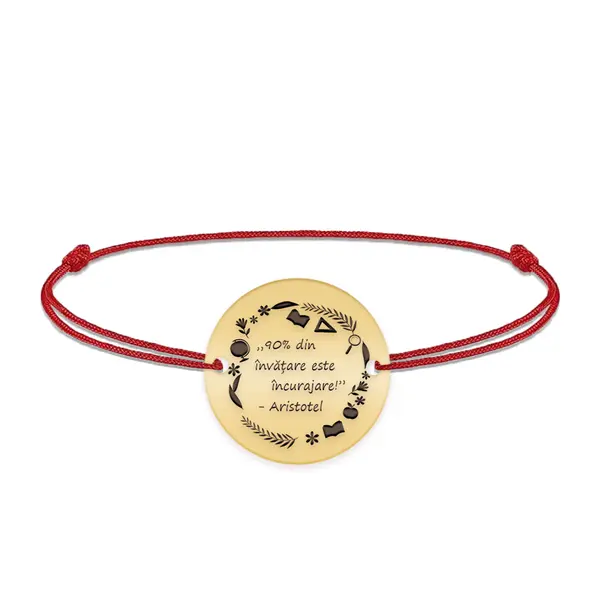 Courage - Bratara personalizata snur "90% din invatare este incurajare" din argint 925 placat cu aur galben 24K