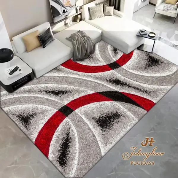 Covor 100x200cm pentru Dormitor si Living, Gri - Rosu
