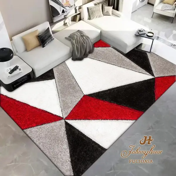 Covor 100x200cm pentru Dormitor si Living, Gri - Rosu - Alb - Negru