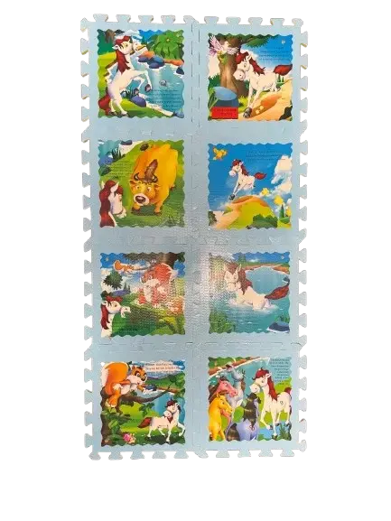 Covor de joaca tip puzzle cu animale basme,spuma,multicolor,8 piese,albastru