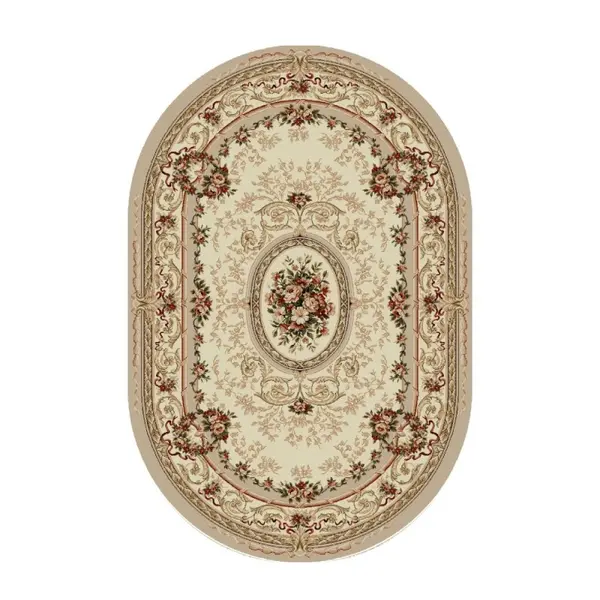 Covor Oval, 100 x 200 cm, Crem / Bej, Model Floral Lotos