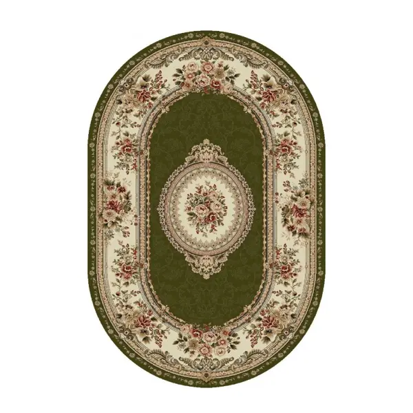 Covor Oval, 100 x 200 cm, Verde / Crem, Model Floral Lotos