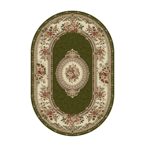 Covor Oval, 80 x 150 cm, Verde / Crem, Model Floral Lotos