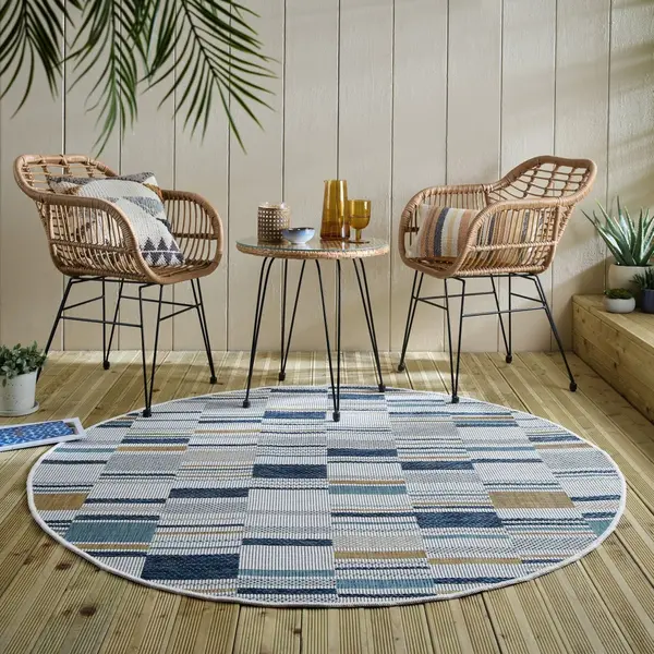 Covor rotund Rosco Geo Outdoor Albastru 160x160 cm, Flair Rugs