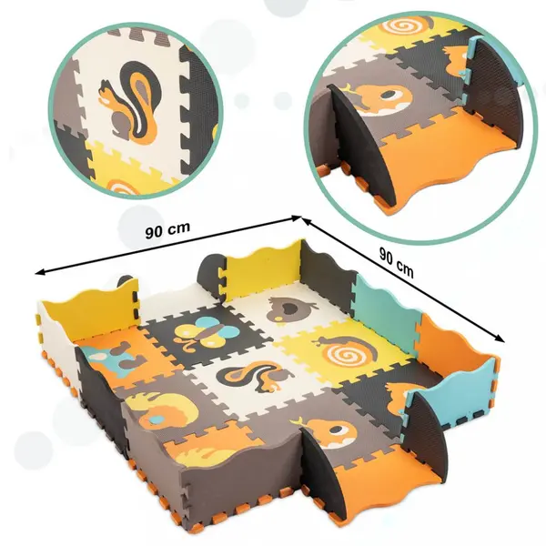 Covor tip puzzle pentru copii, Ikonka, din spuma EVA flexibila, cu 25 piese in husa cu fermoar, dimensiune 114 x 1 x 114 cm, Cute Animals