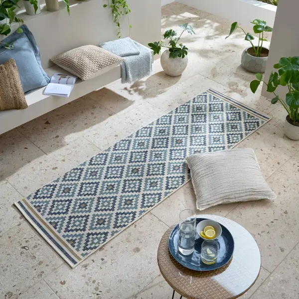 Covor traversa Zia Trellis Outdoor Albastru 80x230 cm, Flair Rugs