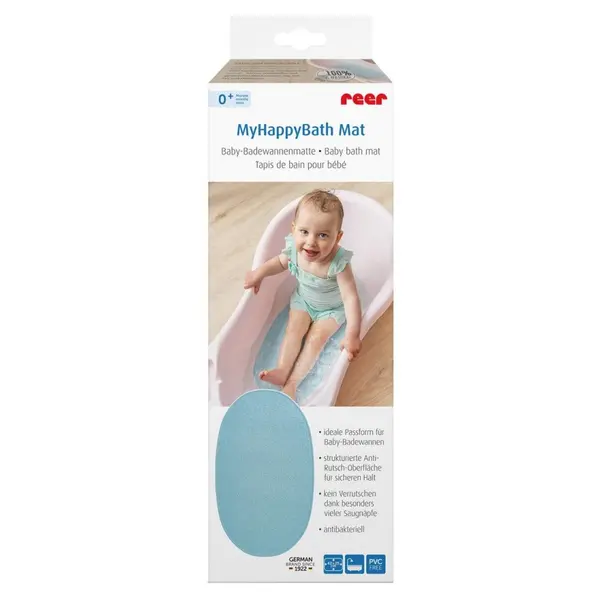 Covoras de baie antialunecare cu ventuze din cauciuc natural antibacterian oval 42 x 25 cm albastru MyHappyBath Mat Reer 76023