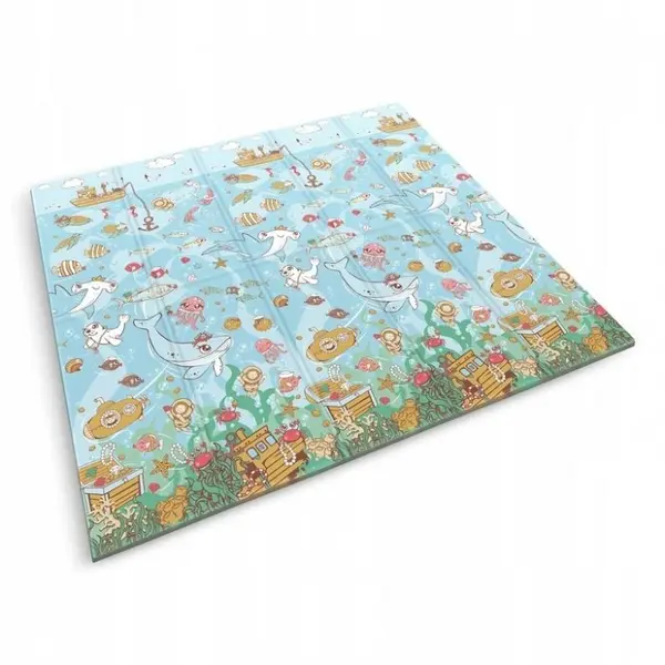 Covoras de joaca pentru copii cu doua fete, pliabil, realizat din spuma XPE inodora, in cutie de carton ce se poate colora Nukido 200x180x1cm Ocean
