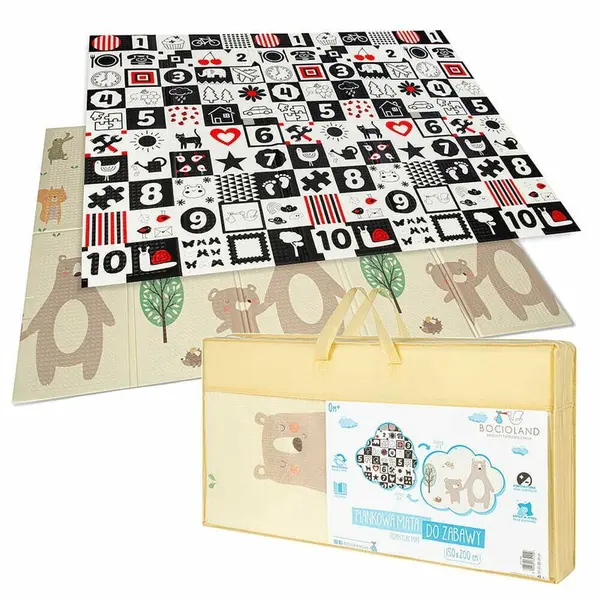 Covoras de joaca pliabil Bocioland Little Bear 200x150x1 cm cu doua fete,suprafata impermeabila antiderapanta din spuma XPE,husa depozitare cu maner