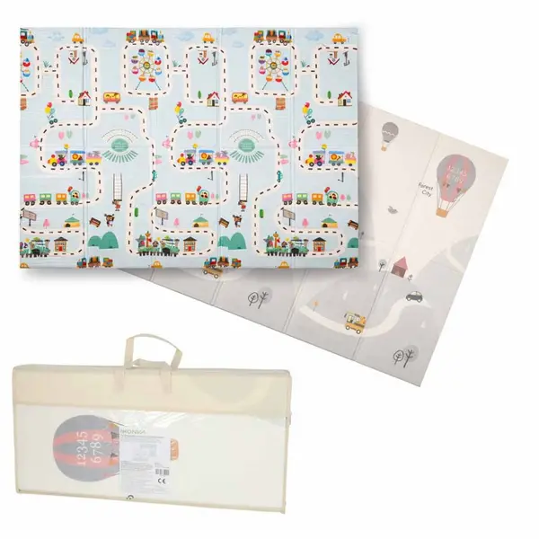 Covoras de joaca pliabil cu doua fete Balloons Street 150 x 200 cm, din spuma XPE, structura antiderapanta, husa de transport inclusa, protectie impotriva loviturilor, potrivit pentru interior si exterior