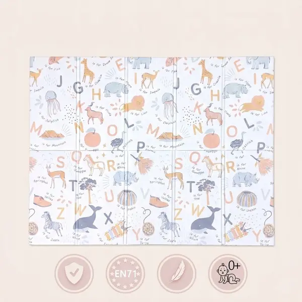 Covoras de joaca, Primabobo, Cu doua fete, Pliabil, Protectie impotriva loviturilor, 120x180 cm, 0 luni+, Animalute, Albastru