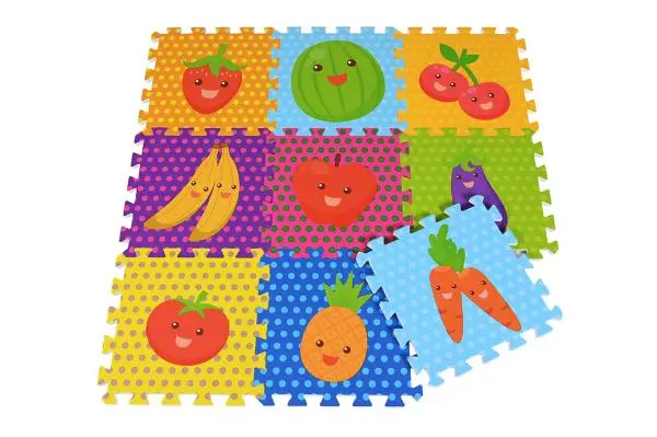 Covoras puzzle colorat Knorr Toys Fructe 9 piese, 30x30x1 cm, din spuma moale Eva, izolator si antiderapant, 10 luni+