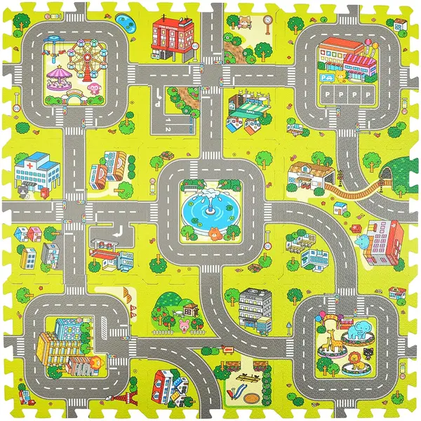 Covoras Puzzle din spuma, 9 bucati, cu imprimeu stradal si animale