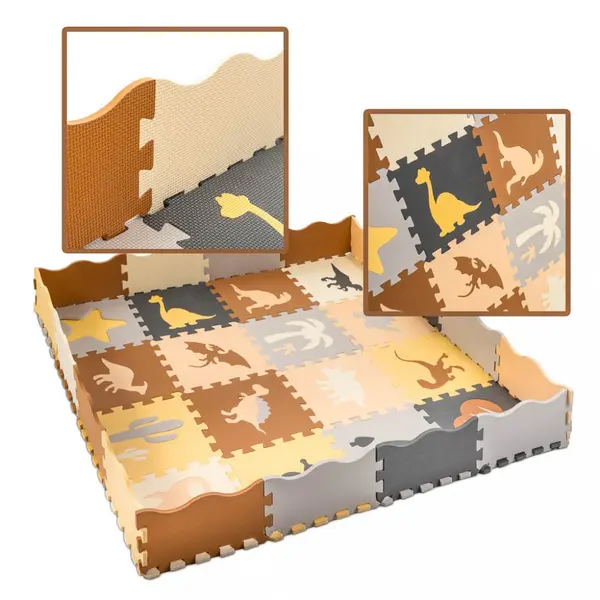 Covoras puzzle din spuma pentru copii Ikonka Dinozaurs, compus din 36 piese, dimensiune 143 x 143 cm