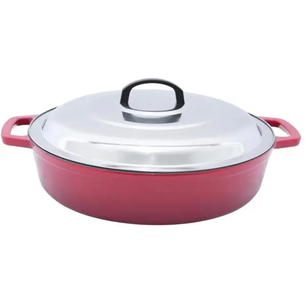 Cratita Joasa din Fonta Emailata, 8 l, cu Capac Inox, Rosie, Perfect Home