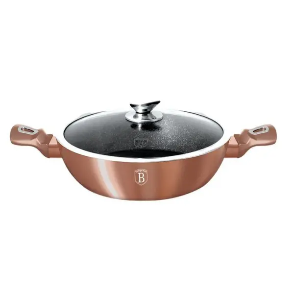 Cratita marmorata cu capac 28 cm Rose Gold Metalic Line Berlinger Haus BH 1519N, antiaderenta