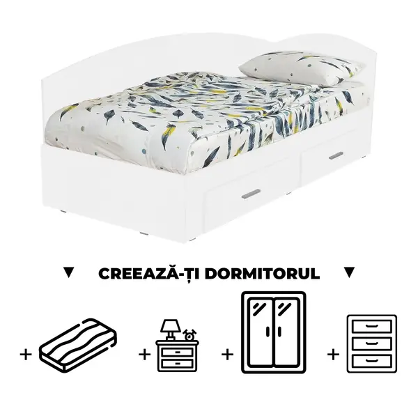 Creeaza-ti Dormitorul ALMA, alb, de la Pat Colt 120x200 cm, cu 2 sertare laterale pe role, adauga Saltea, Noptiere, Comoda, Dulap