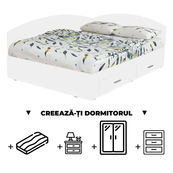 Creeaza-ti Dormitorul ALMA, alb, de la Pat Colt 140x200 cm, cu 2 sertare laterale pe role, adauga Saltea, Noptiere, Comoda, Dulap