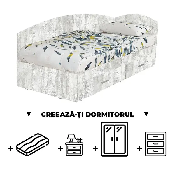 Creeaza-ti Dormitorul ALMA, pin antichizat, de la Pat Colt Alma 90x200 cm, cu 2 sertare laterale pe role, adauga Saltea, Noptiere, Comoda, Dulap