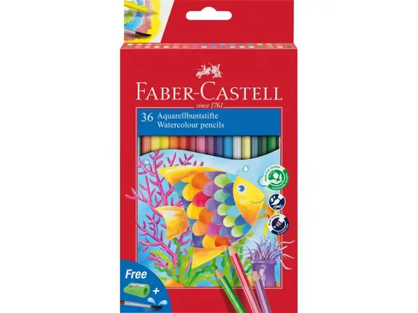 Creioane acuarela Faber-Castell 36 culori, hexagonale + pensula