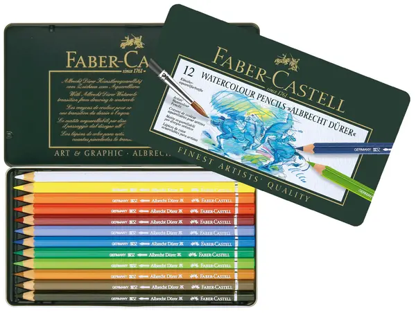 Creioane acuarelabile Faber-Castell Albrecht Dürer - 12 culori, în cutie metalică