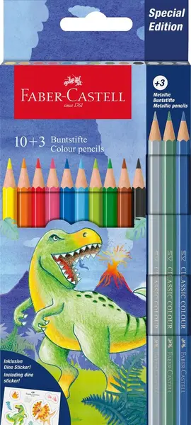 Creioane color, 10+3culori, metalizate, Dinozauri Faber-Castell