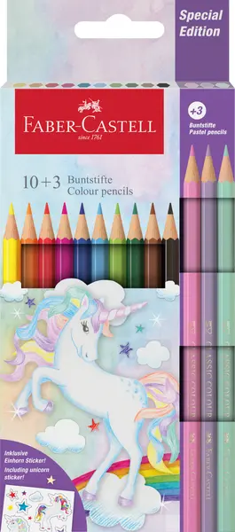 Creioane color, 10+3culori pastel, hexagonale Unicorni Faber-Castell