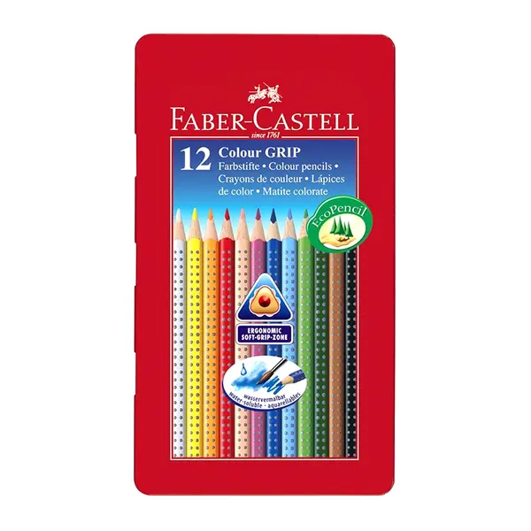 Creioane color, 12culori, cutie metal, Grip, Faber-Castell