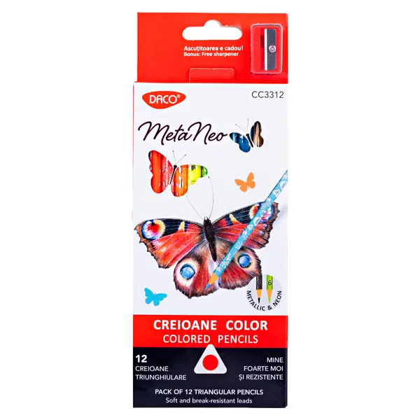 Creioane color, 12culori/set, cu ascutitoare, Meta Neo, Daco