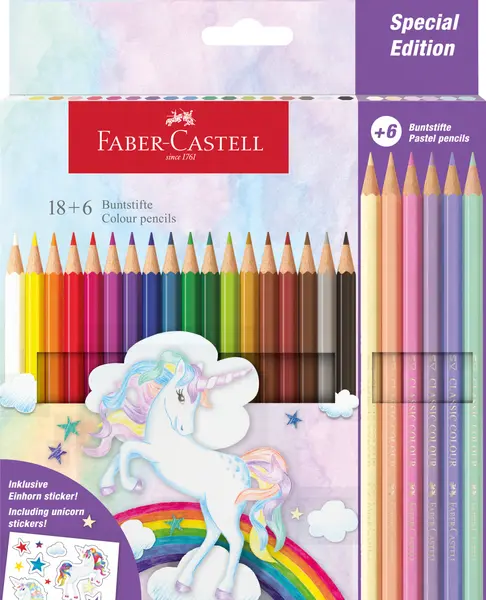 Creioane color, 18+6culori pastel, hexagonale Unicorni Faber-Castell