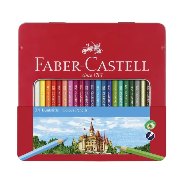 Creioane color, 24culori/set, cutie metalica, Faber-Castell