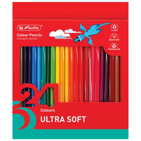 Creioane color triunghiulare, mina 3.3mm, 24buc/set, Herlitz Ultra Soft