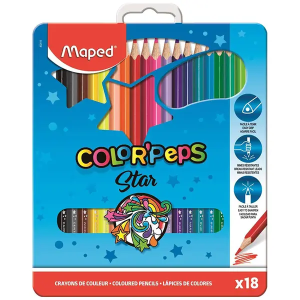 Creioane colorate, 18culori/set, cutie metal, Star Color'Peps Maped