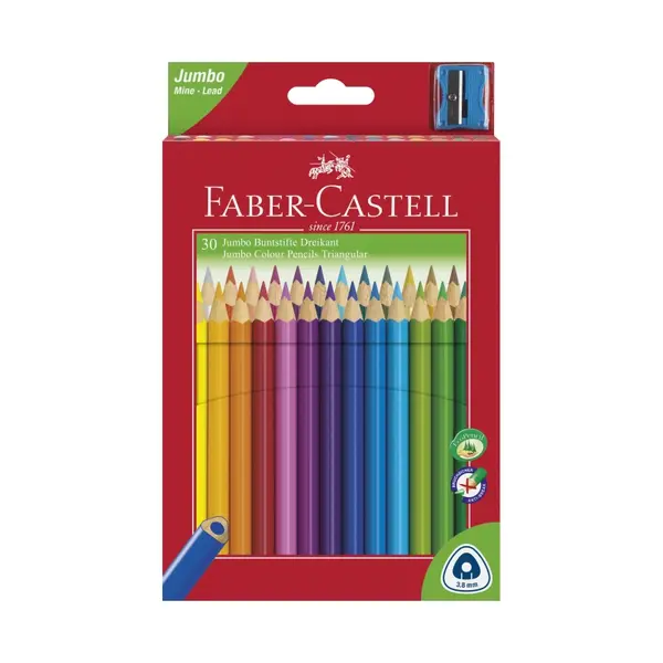 Creioane colorate, 30culori/set + ascutitoare, Jumbo Faber-Castell