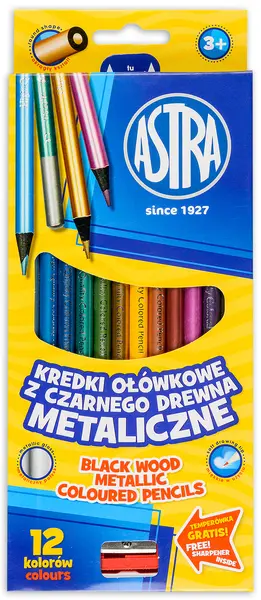 Creioane colorate Astra -12 culori metalice, din lemn negru, cu ascutitoare