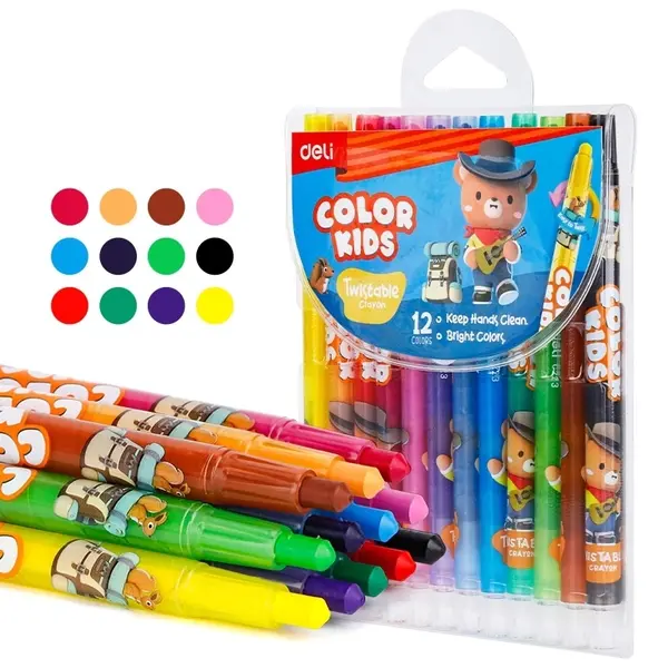 Creioane colorate din plastic Deli Color Kids - EC223-12, cu mecanism rotativ, 12 culori