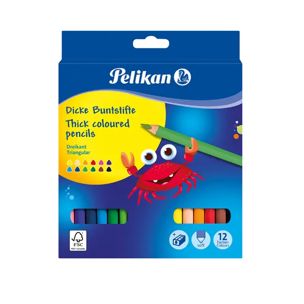Creioane colorate groase, 12culori, triunghiulare, Pelikan Jumbo