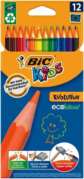 Creioane colorate lungi,extra rezistent,ecolutions,12 culori,Bic Evolution