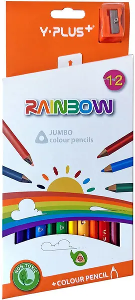 Creioane colorate Y-Plus Rainbow - Jumbo Pastel, 12 culori, cu ascuțitoare