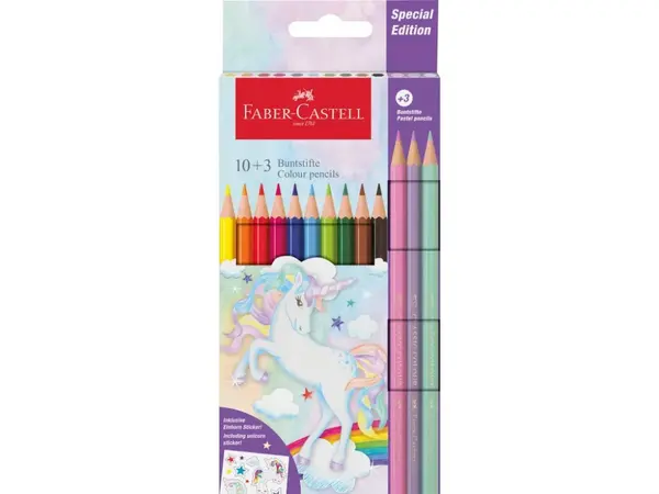 Creioane Faber-Castell Unicorni 10+3 set, hexagonale, cu stickere