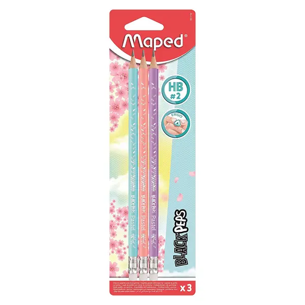 Creion cu guma, 3buc/set, HB, Maped Black'Peps Pastel