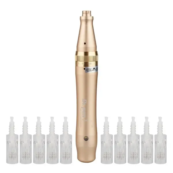 Creion cu Micro-Ace din Titan, Dermapen, Dr. Pen, Ultima M5-C, cu Fir, 10x Rezerve 12 pini, 0.25 - 2.50 mm, 5 viteze, Auriu