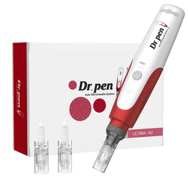 Creion cu Micro-Ace din Titan, Dr. Pen, Dermapen N2, 2x Rezerve 12 ace, Adancime 0.25 - 2.50 mm, 5 viteze, fara Fir, Alb cu Rosu