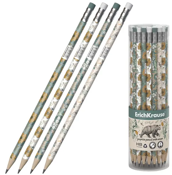 Creion grafit cu radieră Erich Krause Natural Life - HB, sortiment